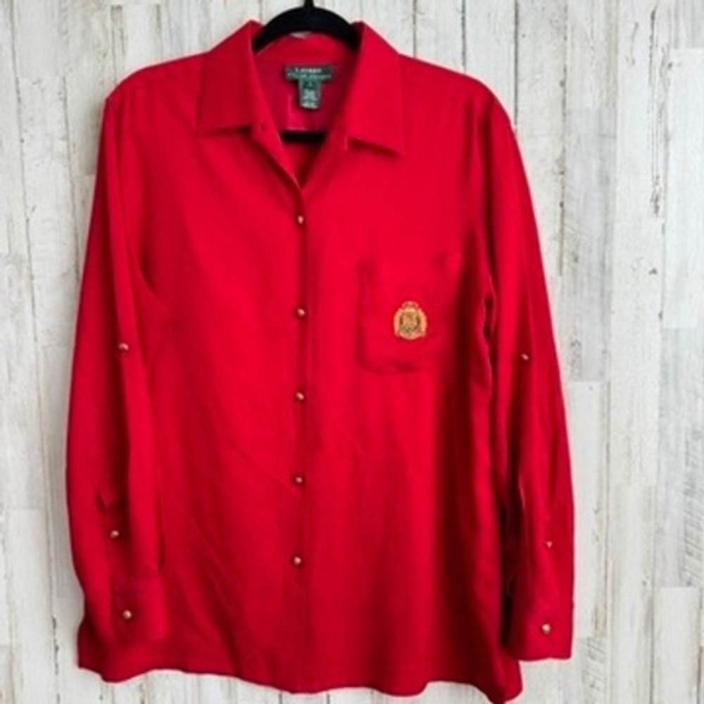 90s Lauren Ralph Lauren Shirt L Red Silk Crest Button Down Long Sleeve Blouse